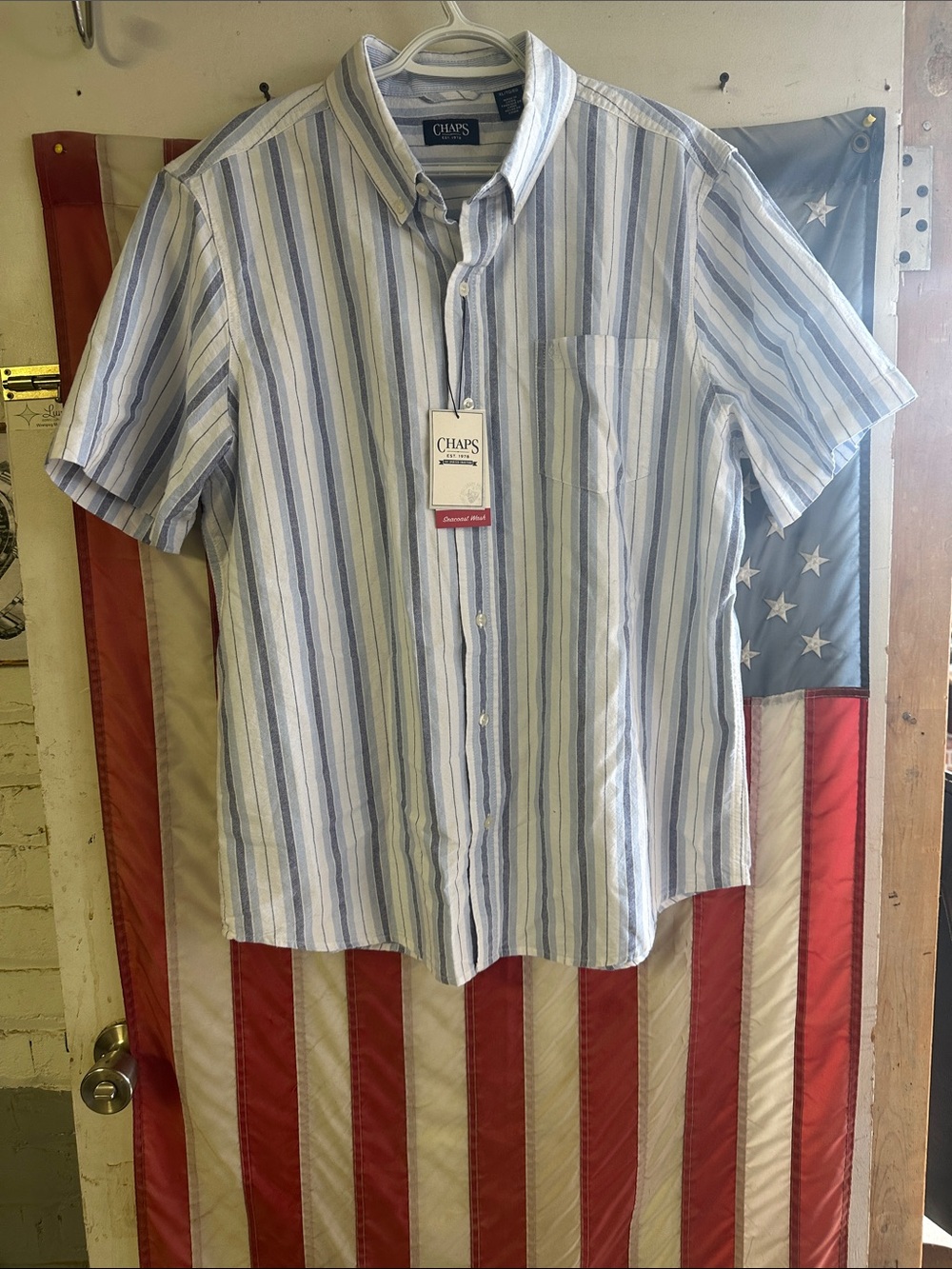 Chaps Men's Light Blue and White Striped Button-Down Shirt XL.